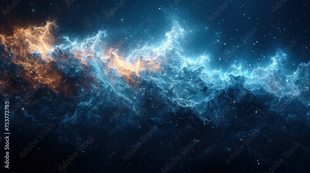an image of a space scene with stars in the sky and a blue and yellow cloud in the middle of the image.