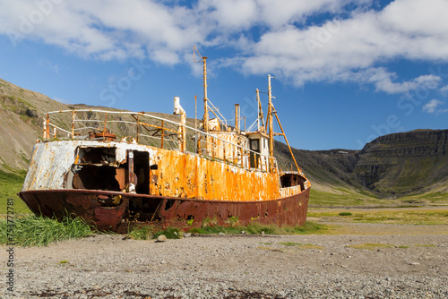 the famous rotten and rusty Garðar BA 64 ship wreck at the beach of Patreksfjörður, iceland photo