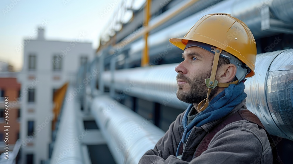 A technician in a hard hat conducting a ventilation check, inspecting a rooftop ventilation pipe during daylight hours. Generative AI. A technician in a hard hat conducting a ventilation check, inspecting a rooftop ventilation pipe during daylight hours. Generative AI.