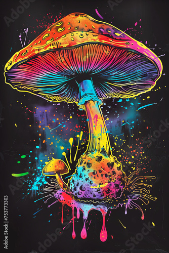 Retro psychedelic mushrooms illustration on black. photo