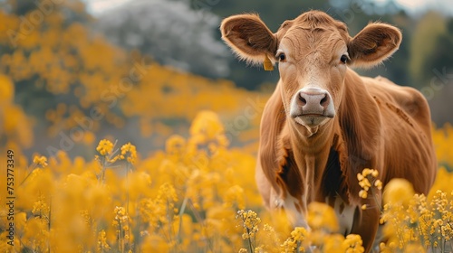A brown cow standing amidst a field of yellow rapeseed flowers. Generative AI. © visoot