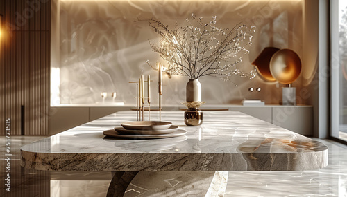 A minimalist dining room featuring a sleek natural marble dining table. Generative AI.