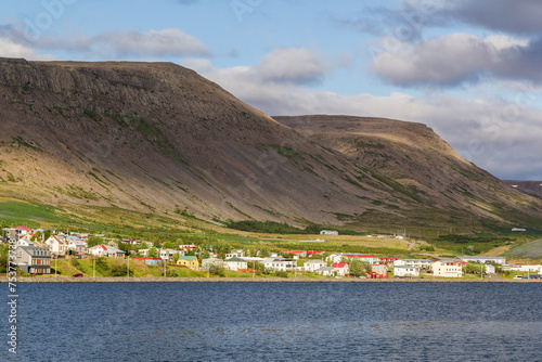 look over the small town Patreksfjörður in iceland at sunset in summer. photo