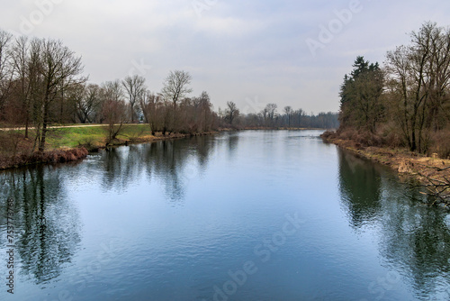 the renaturalised course of the Wertach river on a cloudy day in the Göggingen district of Augsburg