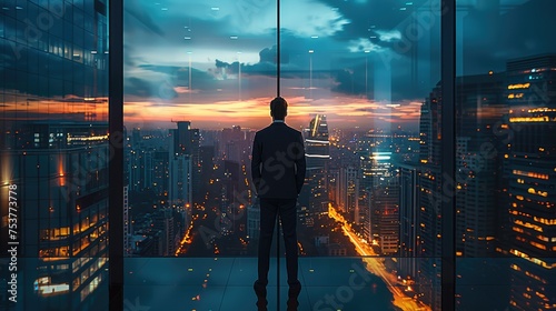 A corporate man standing and looking out from a lavish corner office, blue hour. Generative AI. photo