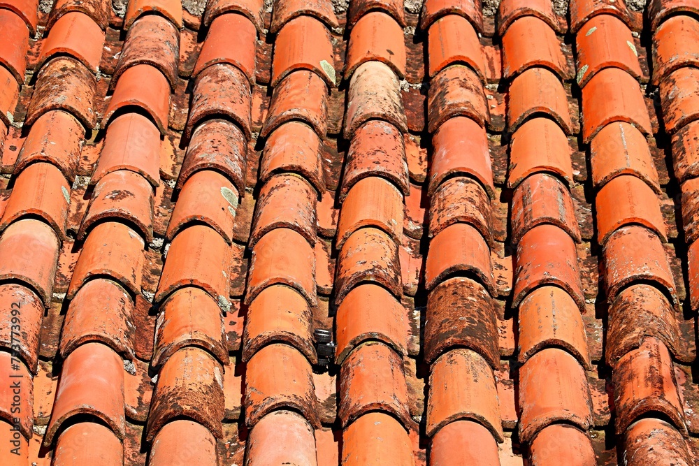Background, texture of a roof covered with ceramic tiles of bright orange color Background, texture of a roof covered with ceramic tiles of bright orange color