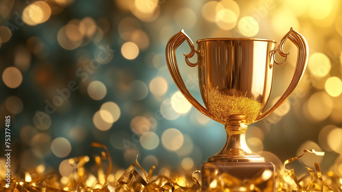 A shiny golden trophy cup stands prominently with a sparkling bokeh background symbolizing achievement and success. 