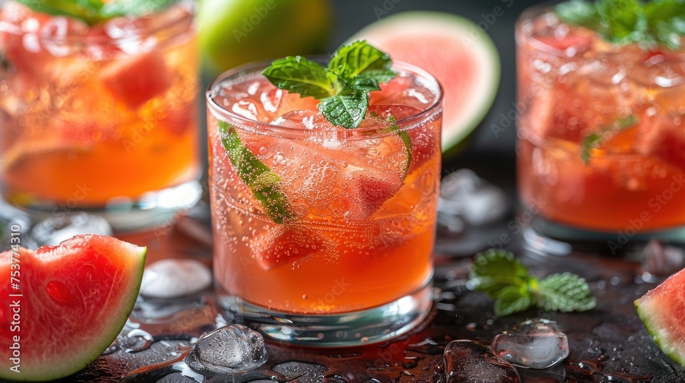 a close up of a glass of watermelon mojito next to a slice of watermelon. a close up of a glass of watermelon mojito next to a slice of watermelon.