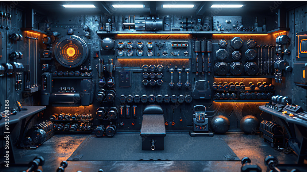 Fototapeta premium Futuristic gym interior with advanced equipment and neon lighting, showcasing a modern workout environment.
