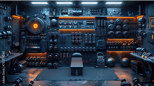 Futuristic gym interior with advanced equipment and neon lighting, showcasing a modern workout environment.