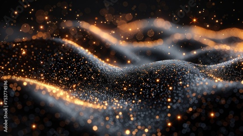 a close up of a blurry image of a wave of gold and white glitter on a black background with a black background.