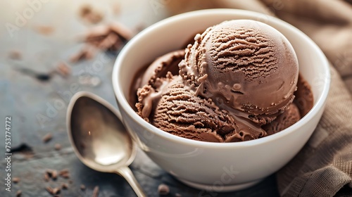 A scoop of creamy chocolate ice cream in a white bowl