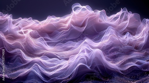 a computer generated image of a wave of white and purple fabric on a black background with stars and sparkles. photo