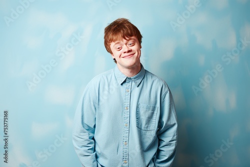 Boy with Down syndrome poses for a photo in front of a blue wall