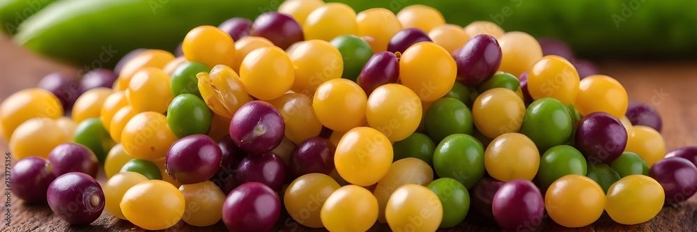 Fresh Corn Kernels, Green Peas, and Red Beans Arranged on Wooden Surface Fresh Corn Kernels, Green Peas, and Red Beans Arranged on Wooden Surface