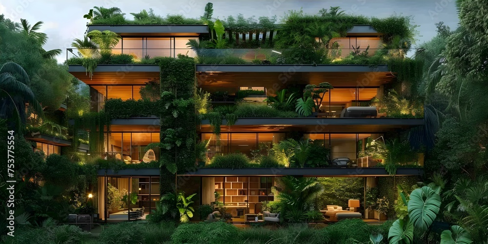 Sustainable Modular Homes Amidst a Green Cityscape Adorned with Lush Vegetation. Concept Sustainable Architecture, Modular Homes, Green Cityscape, Lush Vegetation, Eco-Friendly Living