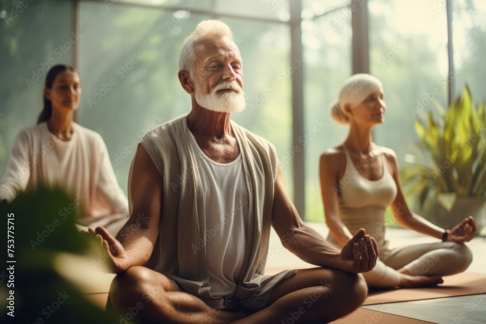 Group of elderly men and women sit in the lotus position meditating in a yoga studio. Mental and spiritual health development at any age	
 - obrazy, fototapety, plakaty 