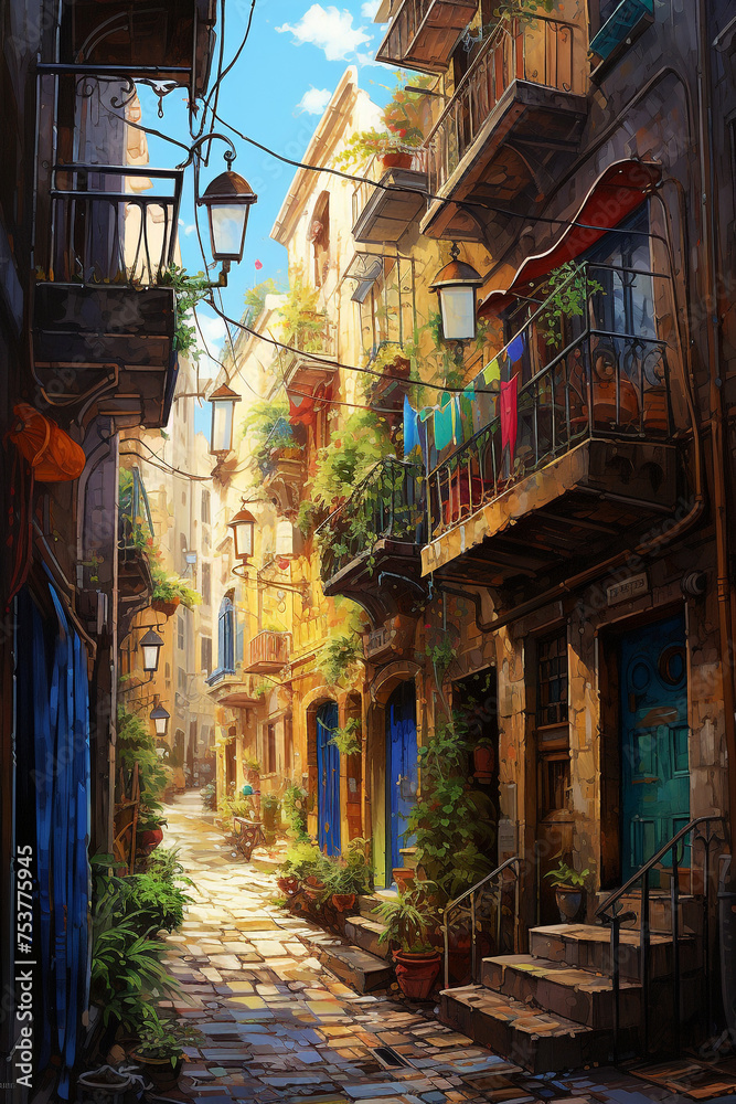 Fototapeta premium Illustration of the typical ancient street alley and building in Italy where residents live their daily lives.