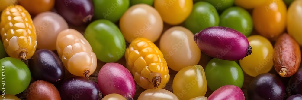 Fresh Corn Kernels, Green Peas, and Red Beans Arranged on Wooden Surface Fresh Corn Kernels, Green Peas, and Red Beans Arranged on Wooden Surface