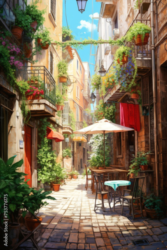 Illustration of the typical ancient street alley and building in Italy where residents live their daily lives. © Aisyaqilumar