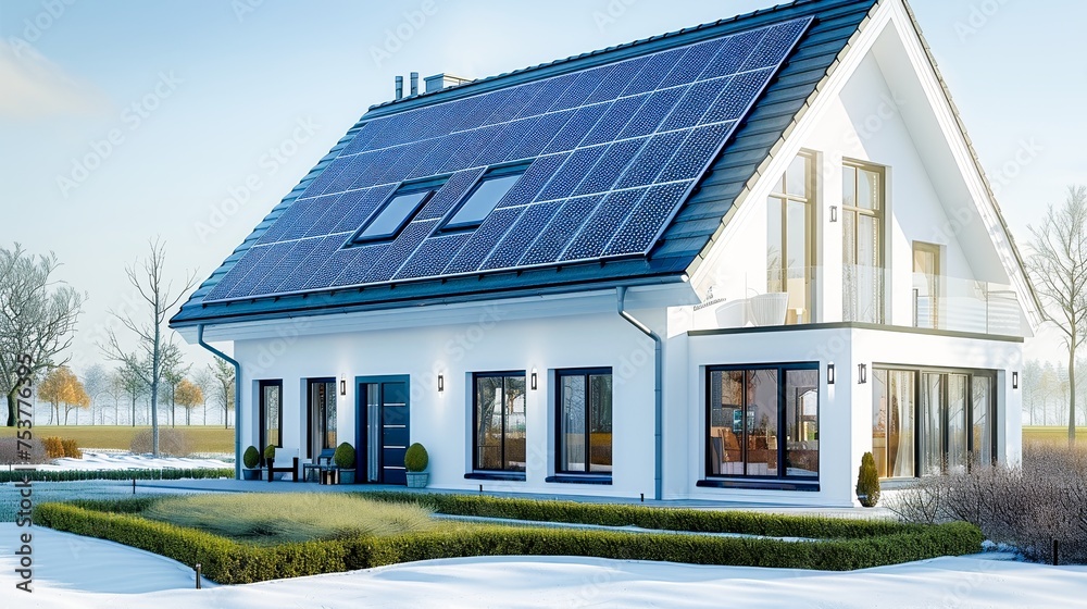 Obraz premium White house with solar panels on roof. Generative AI.