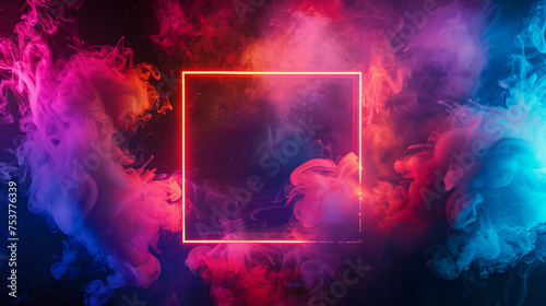 brightly glowing neon square frame set against a dark background, surrounded by colorful smoke