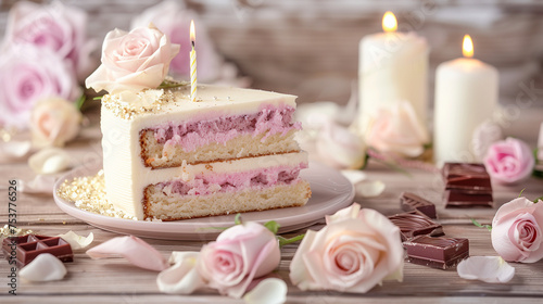 Beautiful cake with chocolate, roses and candles on wooden background, copy space for celebration event