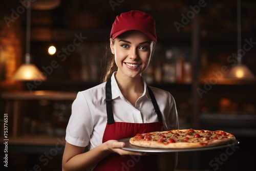 Portrait of a young waitress with an apron presenting a delicious pizza on a plate