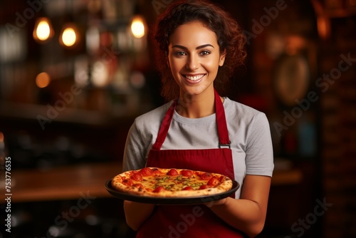 young waitress with an apron presenting a delicious pizza on a plate Friendly service staff in the restaurant