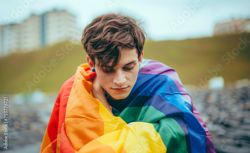 Young person wrapped in rainbow flag outdoors photo