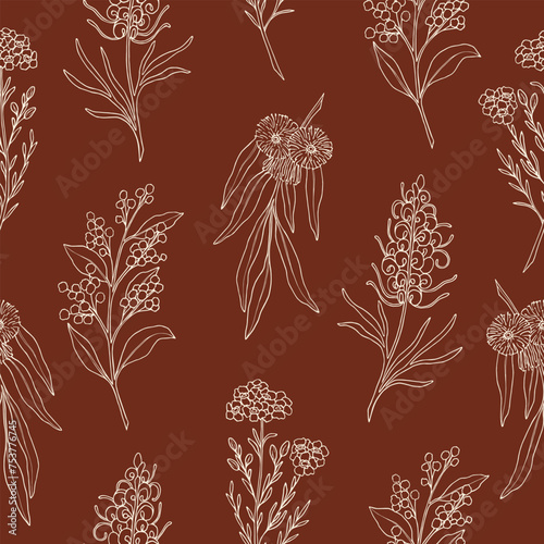 Line art Australian native flowers seamless pattern