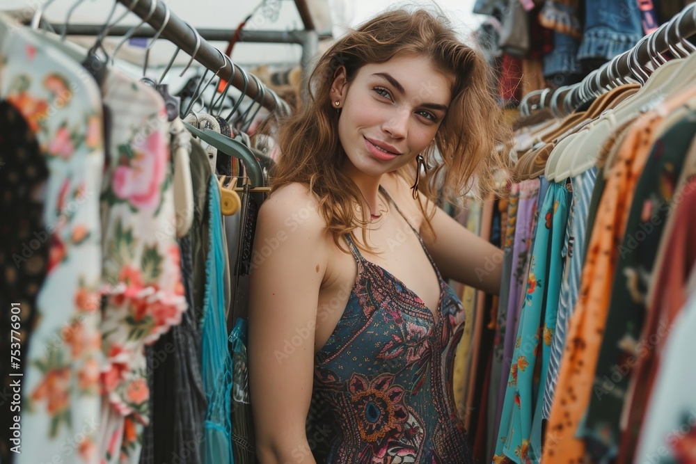 Young woman shopping in a second hand store or flea market