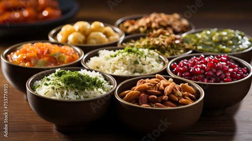 An indian rice pudding surrounded by bananas nuts cashews. Food Illustration