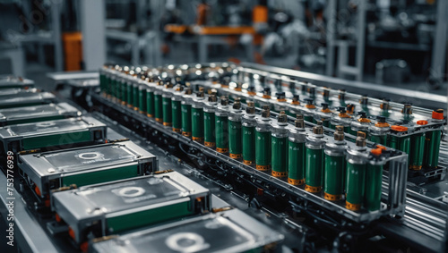 Explore the intricate details of an electric vehicle battery cell assembly line in a close-up perspective, highlighting the efficiency of mass production. photo