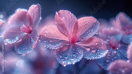 a close up of a flower with water droplets on it and a blue background with pink flowers in the foreground.
