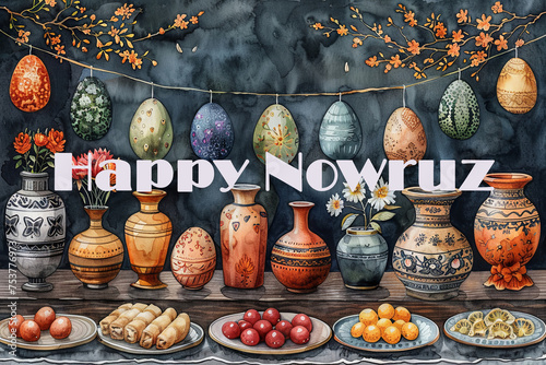 Happy Nowruz greeting card with painted eggs and flowers in vases. photo