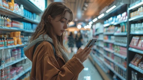 Attractive female customer appearing to scan a product with her self phone while shopping in a department store. Generative AI.