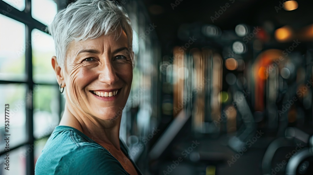 Fototapeta premium senior fit woman with grey hair smiling in the gym,