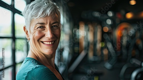 senior fit woman with grey hair smiling in the gym,