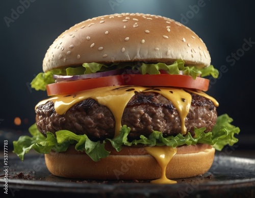 Juicy cheeseburger with lettuce, tomato, and onions, served with fries on a wooden table, with a dark background.