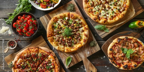 A variety of pizzas are displayed on wooden boards