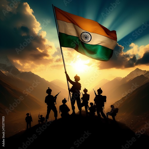 Soldiers on top of the mountain with the Indian flag, Indian flag on the mountain on Indian day