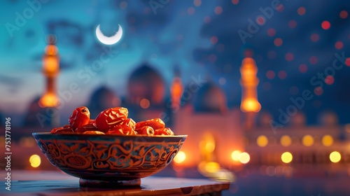 Dates in a beautiful bowl with a peaceful Ramadan atmosphere at night, on the panoramic background of the blurred mosque under the beautiful moon. Artificial intelligence.