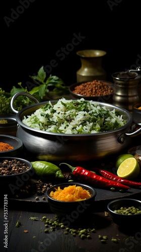 An  indian style dish including a dosa rice and condiments. Food Illustration