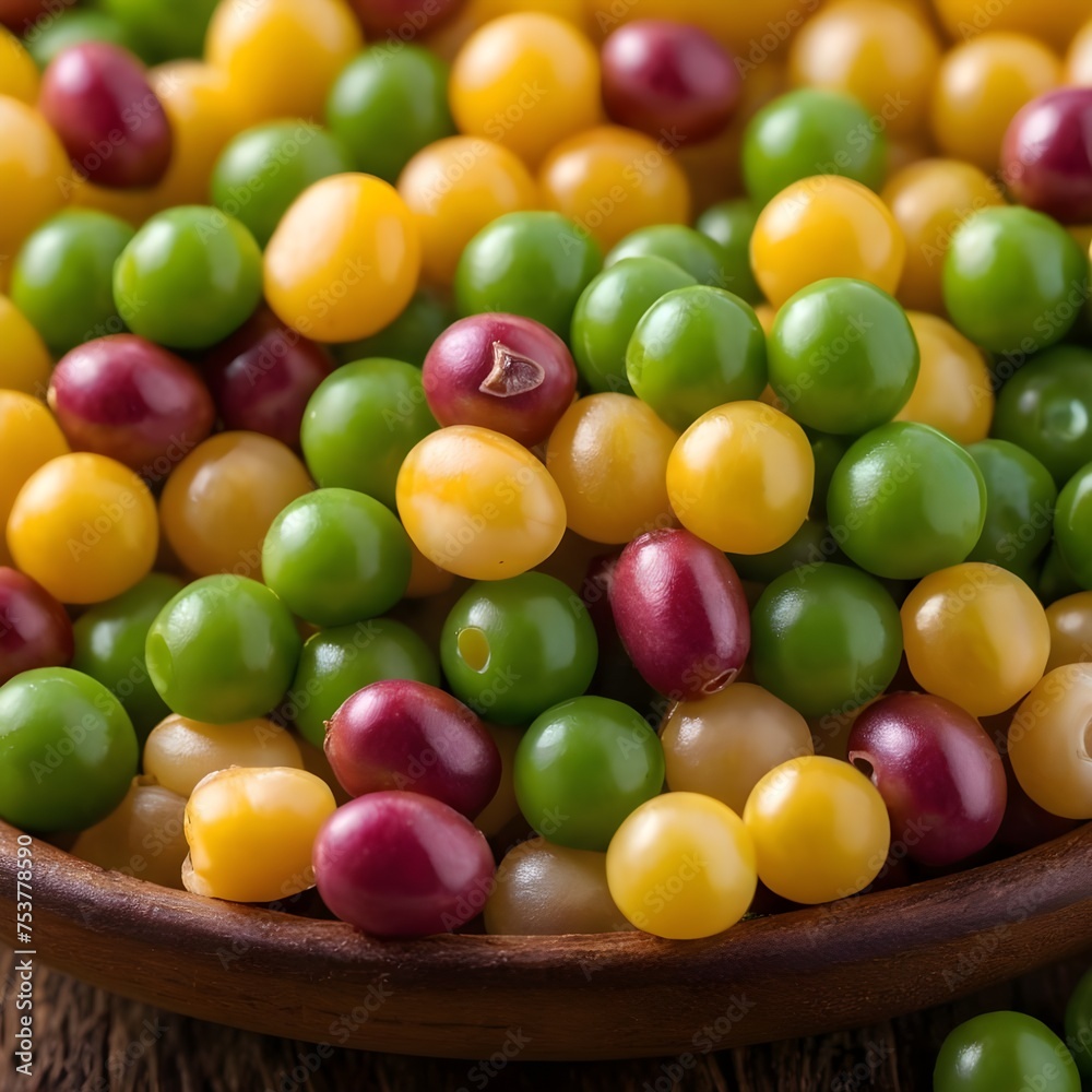 Fresh Corn Kernels, Green Peas, and Red Beans Arranged on Wooden Surface Fresh Corn Kernels, Green Peas, and Red Beans Arranged on Wooden Surface