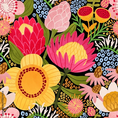 Fototapeta Naklejka Na Ścianę i Meble -  Pink big protea seamless pattern. Bright Australian flowers on dark background. Hand drawn colorful floral print, summer fabric design, tropical mood, Hawaii botanical textile, wallpaper.
