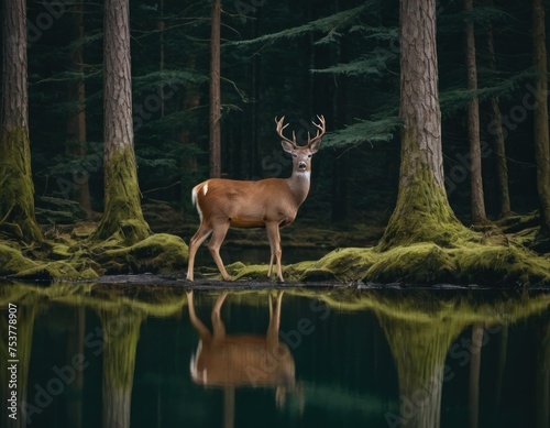 Majestic deer standing in a misty forest with lush green moss-covered ground. © Liera