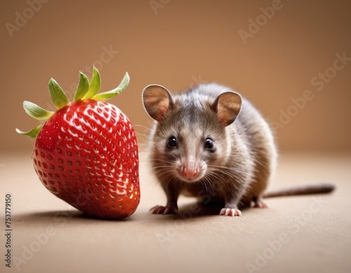 Cute possum holding a strawberry with a whimsical expression, set against a soft green background.