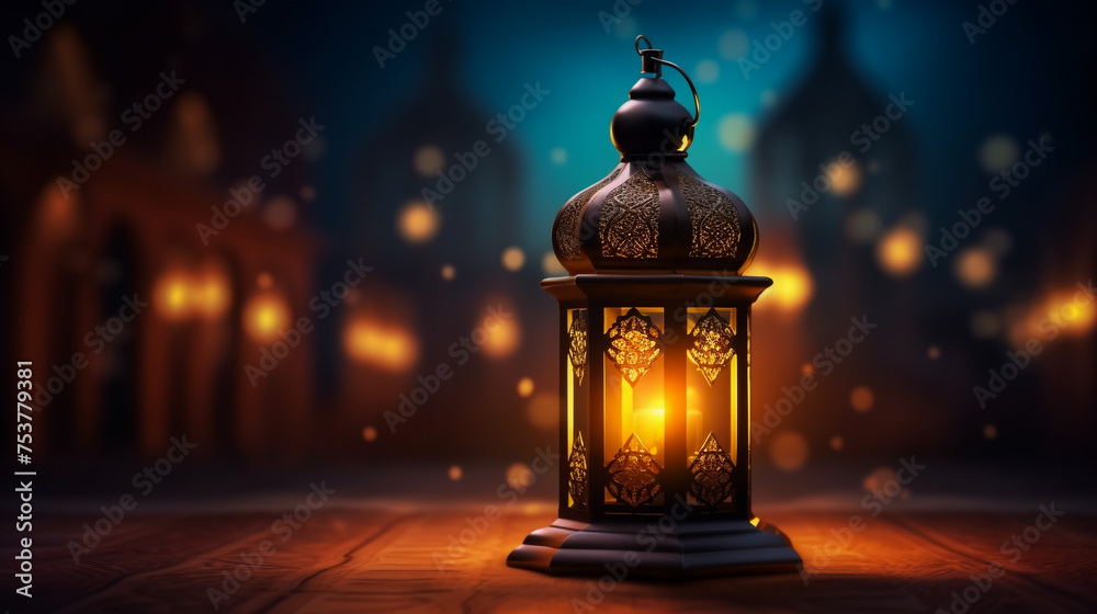 Lantern that have moon symbol on top and small plate of dates fruit with night sky and city bokeh light background for the Muslim feast of the holy month of Ramadan Kareem.