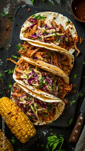 BBQ Pulled Pork Tacos with Coleslaw and Corn on the Cob. Food Image 